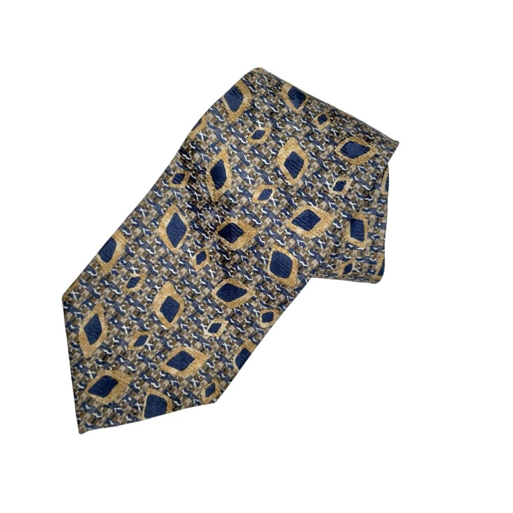 Preswick and Moore Mens Brown and Navy Blue Geometric Necktie